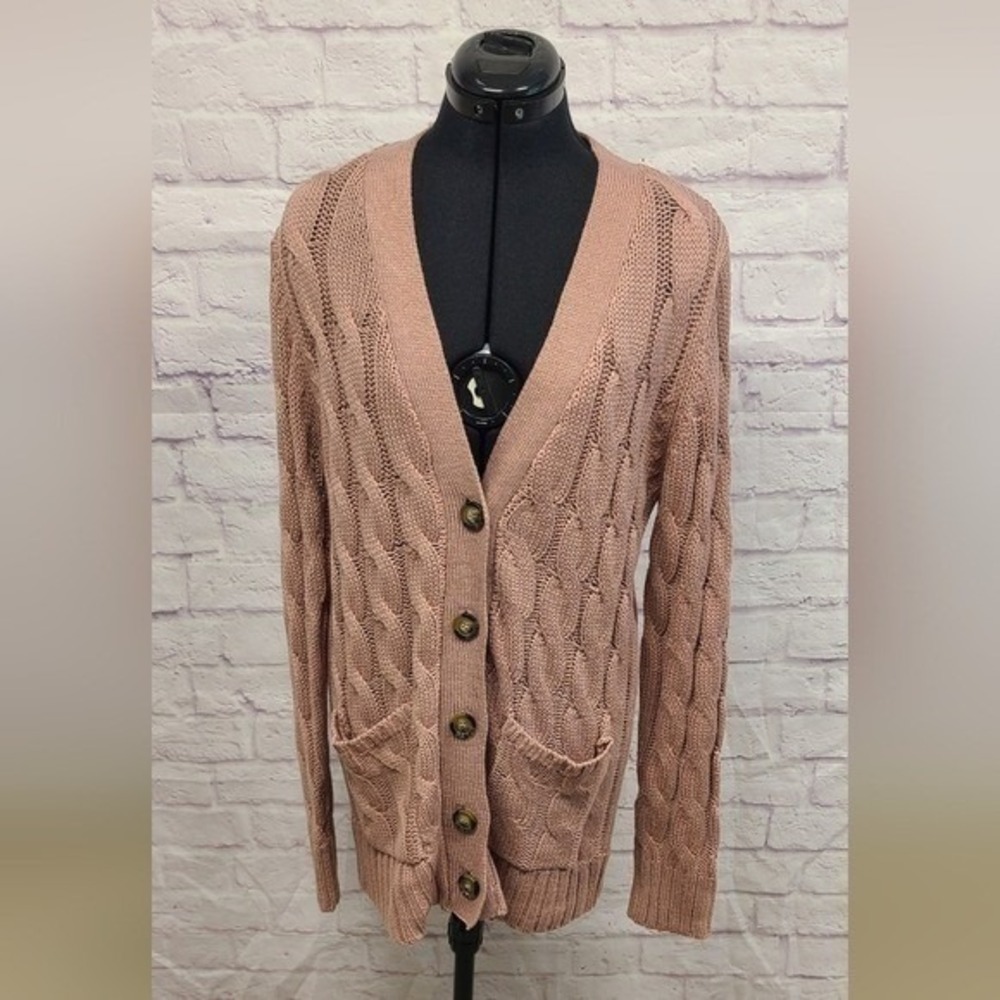 Zenana Premium Womens Dusty Rose Cable Knit Button Front Cardigan Sweater Large‎
